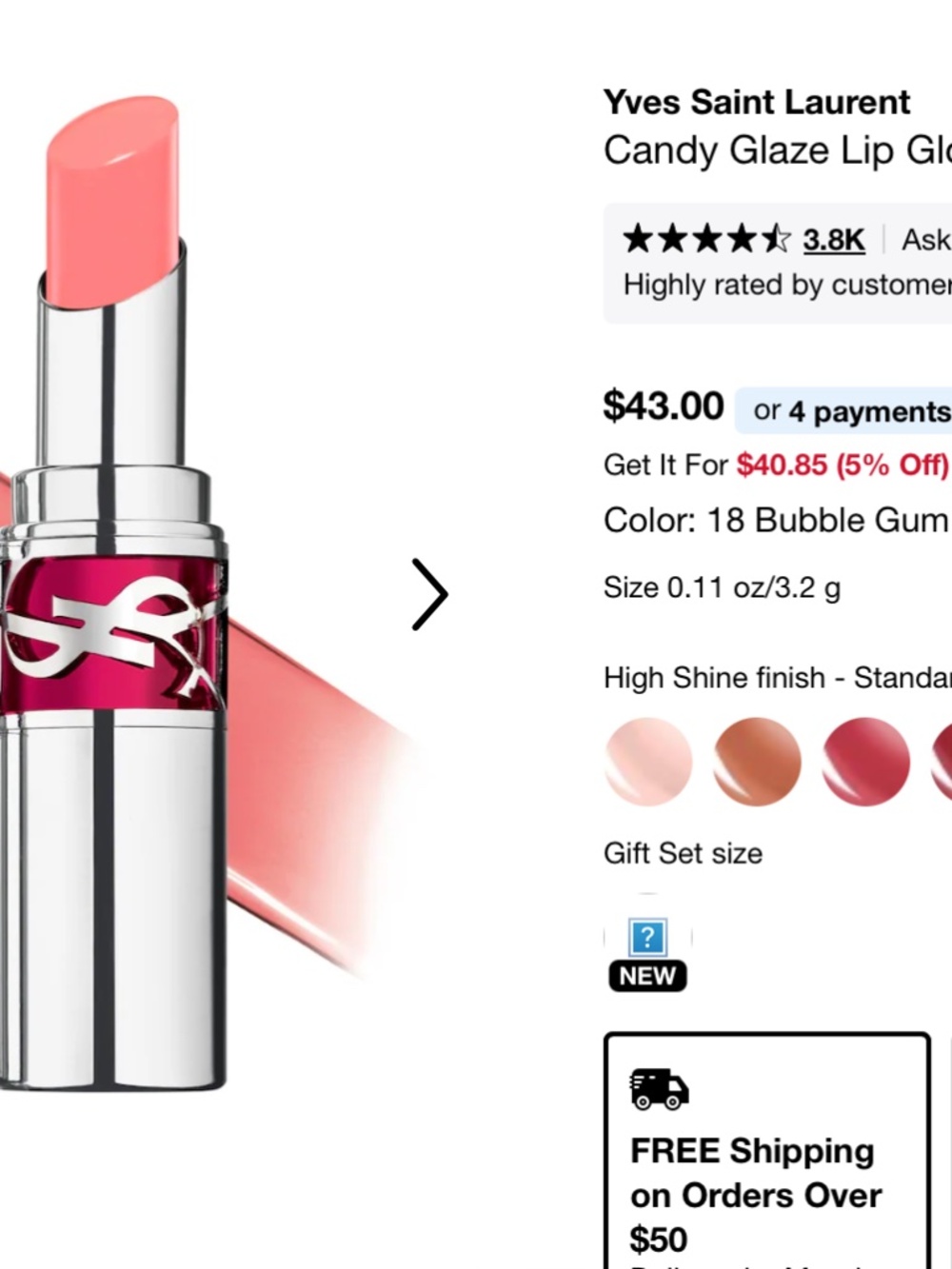 Yves Saint Laurent Loveshine Candy Glaze Lipstick Shade 18 Bubble Gum New